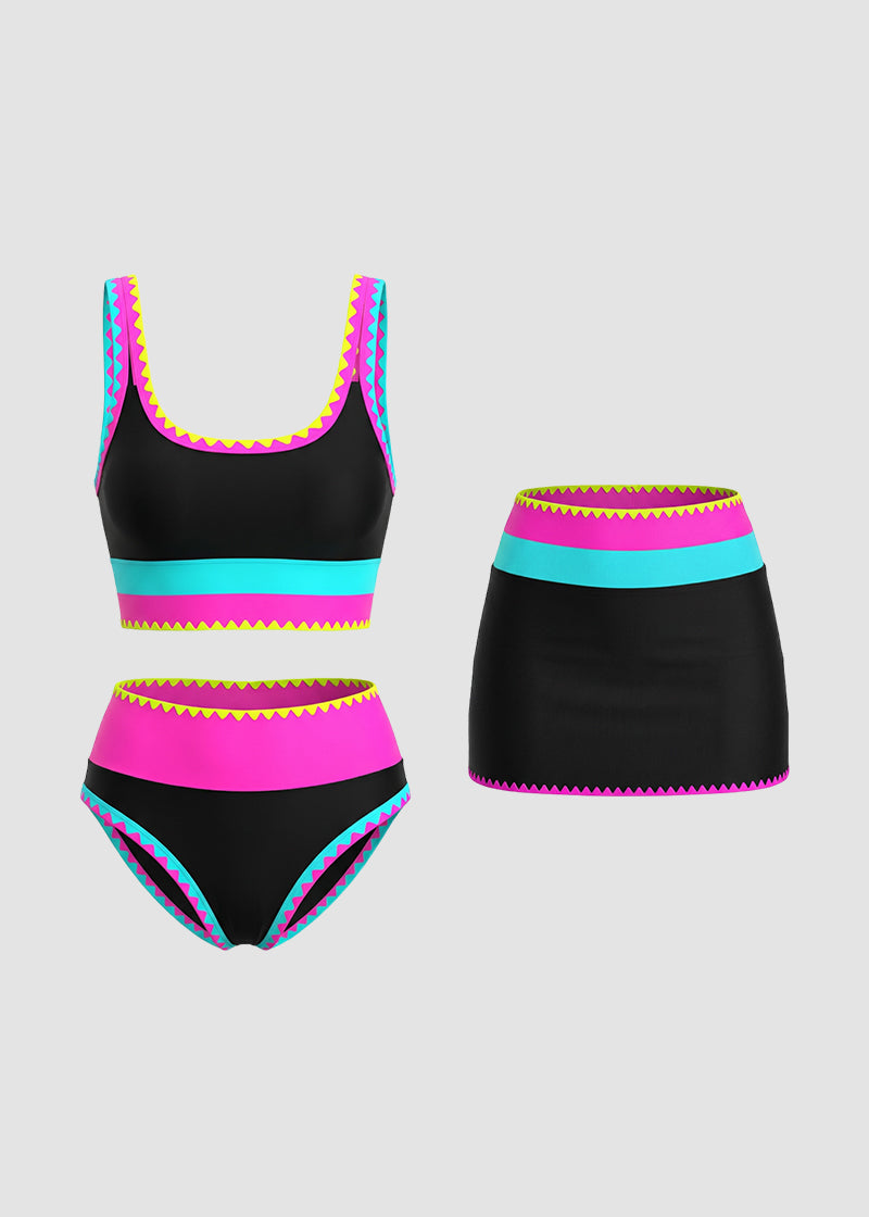Colorblock Three-Piece Bikini Set