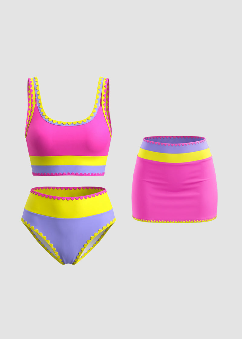 Colorblock Three-Piece Bikini Set