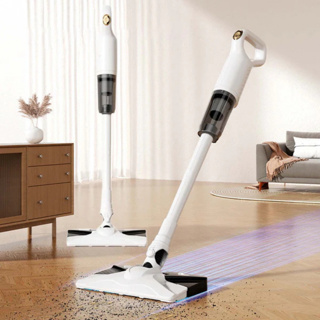 Cordless vacuum standing on a floor